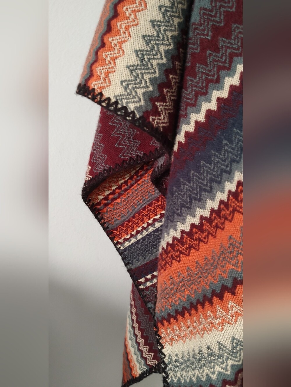 Hooded Chevron Knit Poncho in Burgundy & Rust - Picture 5 of 11